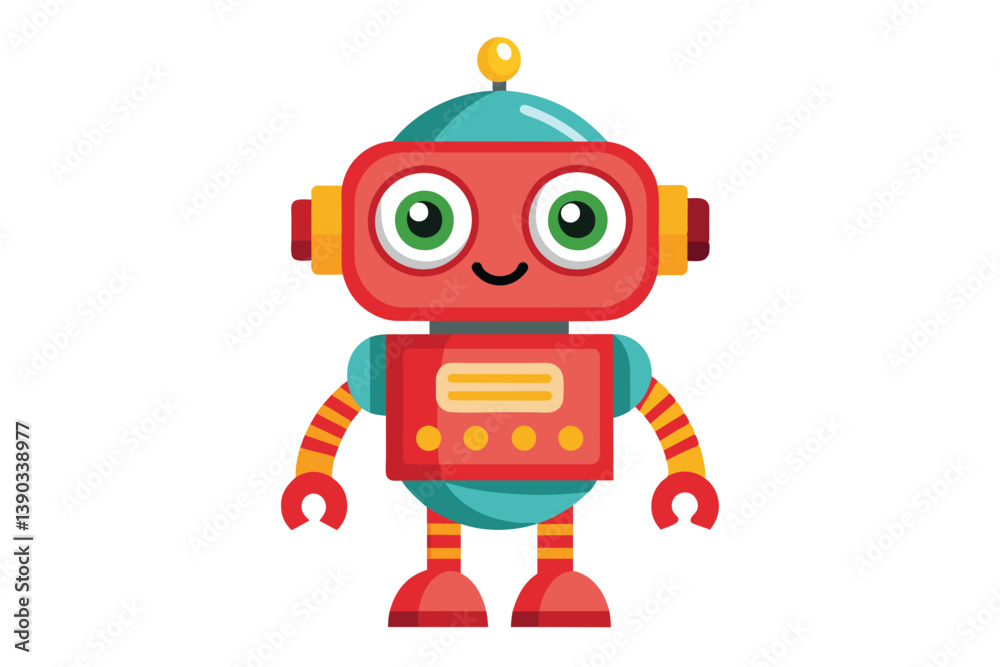 A cartoon illustration of a smiling red robot with big green eyes and yellow accents, isolated on a white background. A cartoon illustration of a smiling red robot with big green eyes and yellow accents, isolated on a white background.