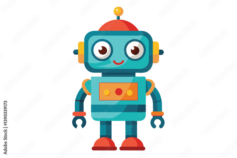 An illustration of a cartoon robot with a blue body, red hat, and yellow ears, standing on a white background. An illustration of a cartoon robot with a blue body, red hat, and yellow ears, standing on a white background.
