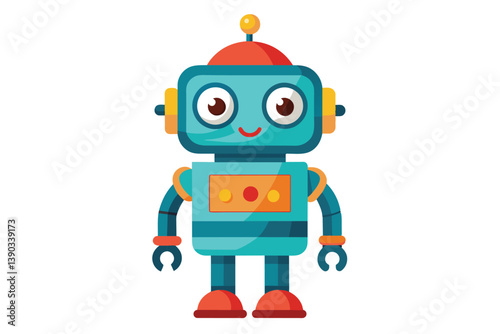 An illustration of a cartoon robot with a blue body, red hat, and yellow ears, standing on a white background.