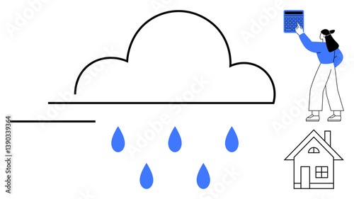 Cloud releasing raindrops, woman analyzing data with a calculator, and a house below. Ideal for themes thumbs up precipitation, weather monitoring, home protection, calculations, data modeling