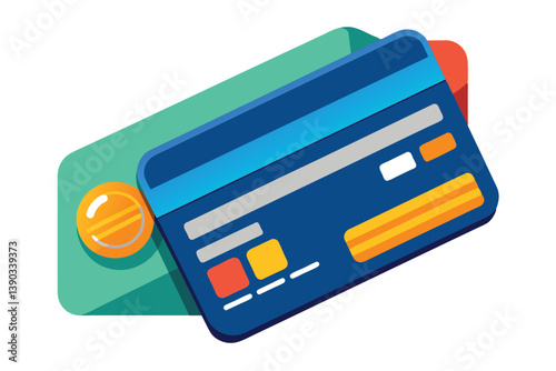 An illustration of a blue credit card with yellow, orange, and red details, partially obscured by a green card.