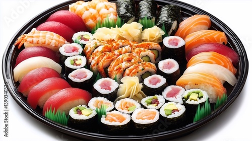 A beautifully arranged sushi platter featuring a variety of fresh sushi rolls and nigiri.