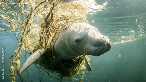 Dugong being entangled in a fishing net. 