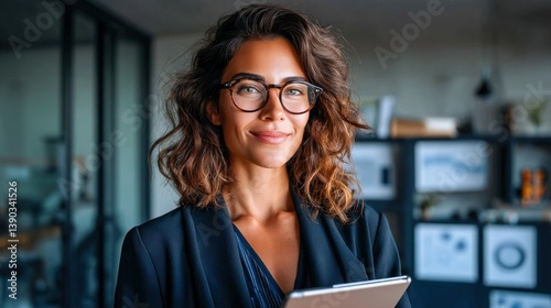 Free Download A smiling businesswoman in glasses holds a tablet, looking confident in the office. - GFXLoad