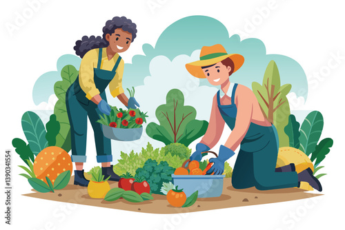 In the illustration, a woman and man are working in their garden, harvesting produce. They wear overalls and gloves. Vibrant greens, red tomatoes, and orange fruits surround them.