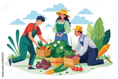 An illustration of three farmers harvesting vegetables in a garden on a sunny day.
