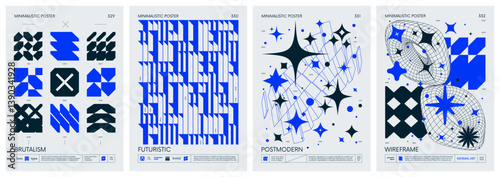Brutalism style vector minimalistic Posters with silhouette postmodern figures, Futuristic abstract graphic elements of geometric shapes rave composition, Trendy modern color print artwork, set 83