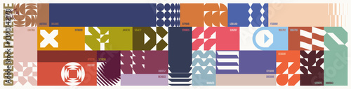Colour palette set, trendy different combined colors with codes, vector banner with colorful ornament of abstract geometric shapes in brutalism style, modern collage postmodern figures kit 4