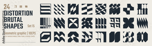 Postmodern abstract geometric graphic elements, Refraction and distortion glass effect various form, Brutalist vector shapes, trendy retro design symbols in Y2K aesthetics, vintage stickers, set 15