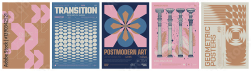 Set modernism art colorful trendy posters, artwork in minimalism and brutalism style, abstract geometric A4 rave postmodern composition, vector simple shapes print graphic in Y2K aesthetics, set 29