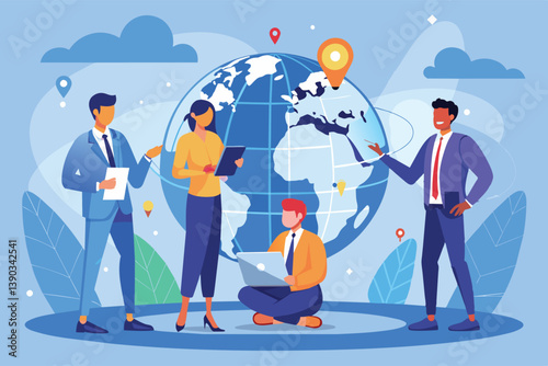 A team of diverse professionals collaborate around a globe, representing global business expansion and communication.