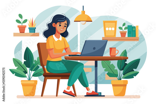 A woman sits at a desk in a home office, working on her laptop with a cup of coffee beside her. There are plants on the shelves and next to the desk.