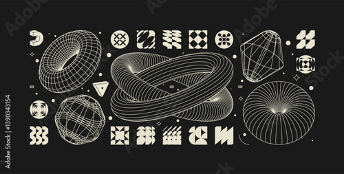 Vector graphic assets kit acid style, Postmodern abstract geometric shapes with wireframe elements of different forms, Y2K trendy design in brutalism aesthetic, template symbols set 10
