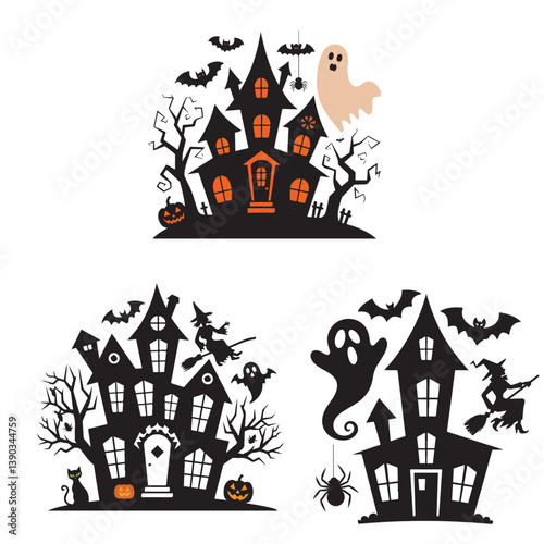 set of halloween, hunted house silhouette	
