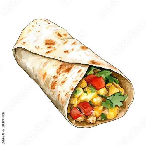 A watercolor painting of a Breakfast Burrito, isolated on a white background. Breakfast Burrito vector

