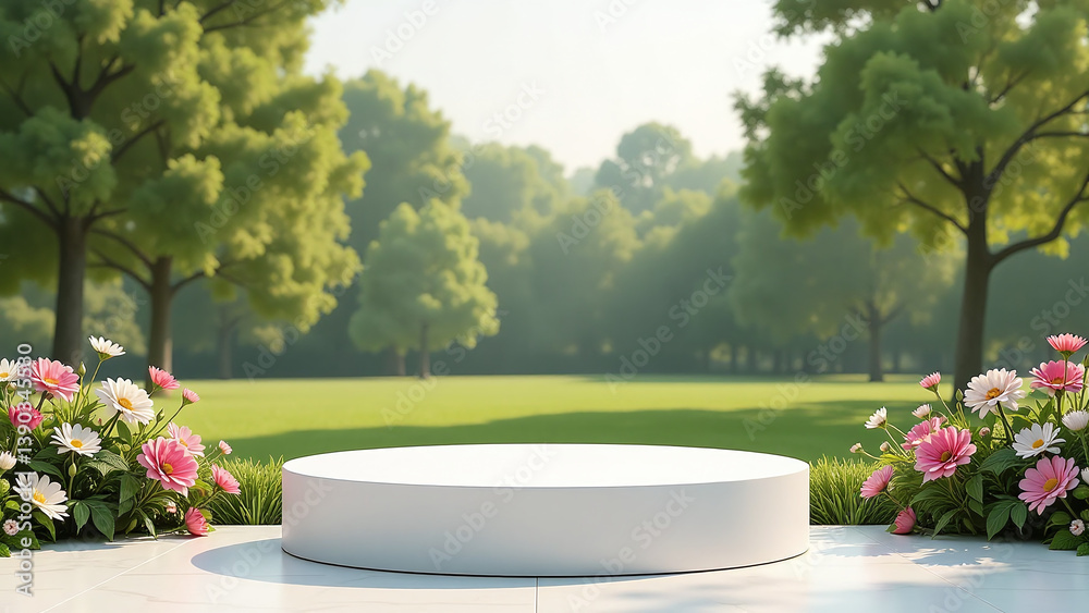 Fototapeta premium beautiful scenery surrounds elegant empty podium serene outdoor setting