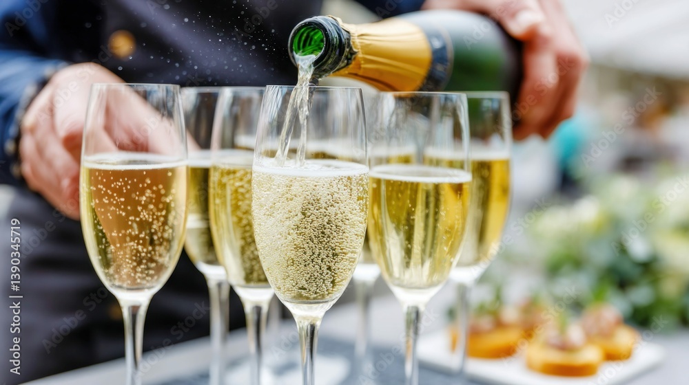 Fototapeta premium Champagne is poured into glasses, celebrating the moment at a festive event with drinks.