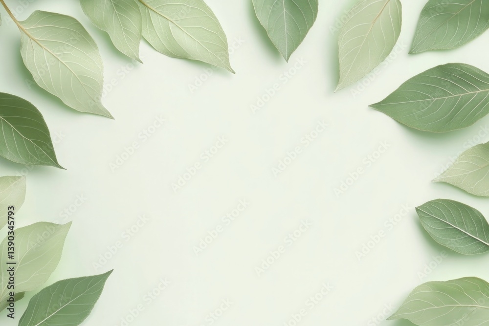 Delicate green leaves create natural frame on soft pastel backgr Delicate green leaves create natural frame on soft pastel backgr