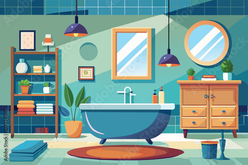 A cartoon illustration of a modern bathroom with a bathtub, shelving unit, and plants. The bathroom has teal walls, blue tiled floors, and wooden accents.
