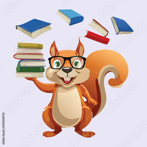cartoon squirrel reading a book.