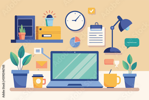 A flat design illustration of a modern home office desk with a laptop, plants, coffee cup, and other work-related items.