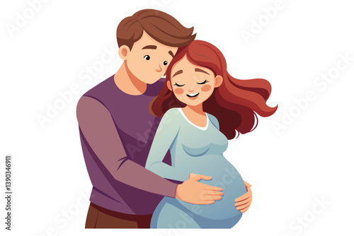 An illustration of a pregnant woman with long red hair, smiling and being embraced by her husband. He is gently touching her belly.