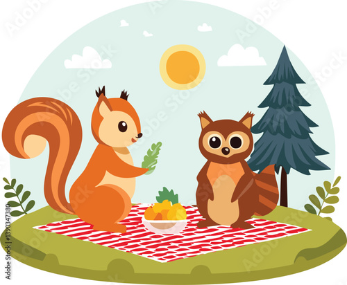cartoon squirrel having picnic.