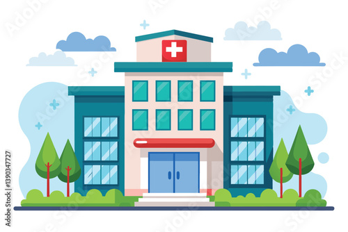 A colorful illustration of a modern hospital building with large windows, a red awning, and a red cross on the roof.