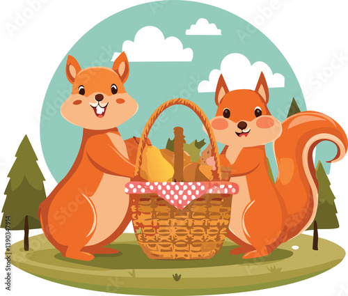 cartoon squirrel having picnic.