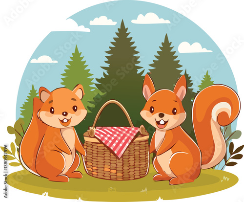 cartoon squirrel having picnic.