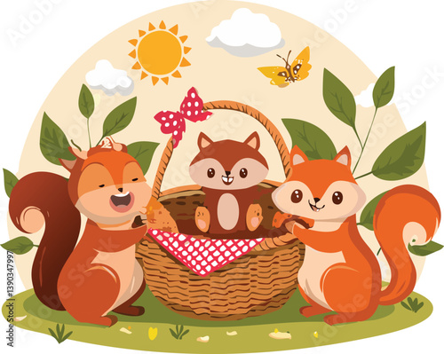 cartoon squirrel having picnic.