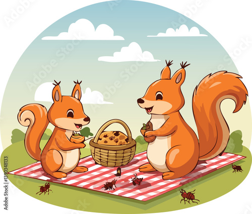 cartoon squirrel having picnic.