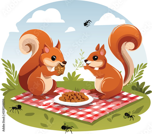 cartoon squirrel having picnic.