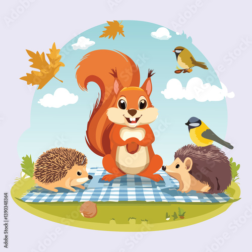 cartoon squirrel having picnic.
