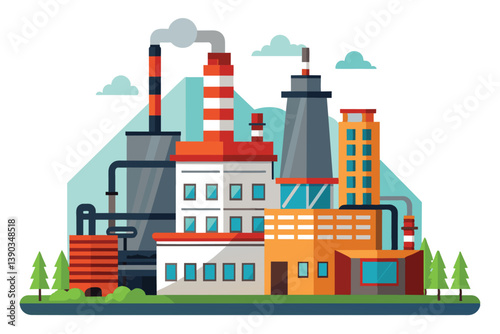 Digital art of a modern industrial complex with tall buildings and smokestacks. Red and orange roofs, smokestacks emitting smoke, trees, blue sky.