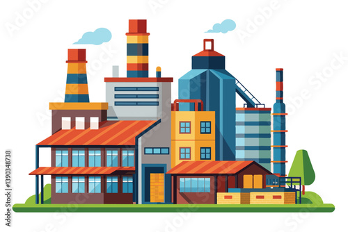Illustration depicting a large industrial factory complex with multiple buildings, tall chimneys, and smoke.