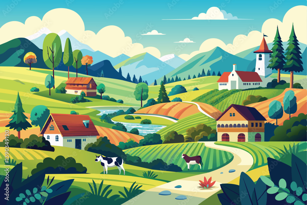 A colorful illustration depicting a rural scene with farmhouses, cows, trees, and a river winding through a valley.
