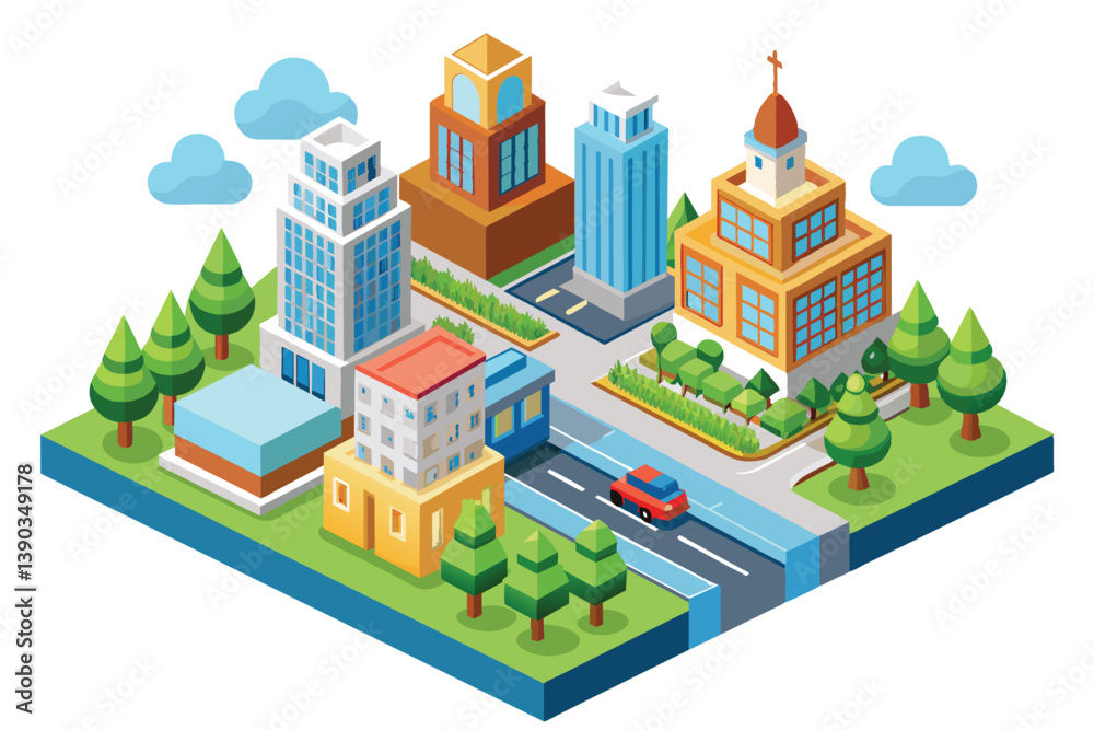 A colorful isometric illustration of a modern cityscape featuring several buildings, trees, and a red car driving on a road.
