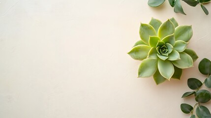 Succulent and eucalyptus leaves on beige background.