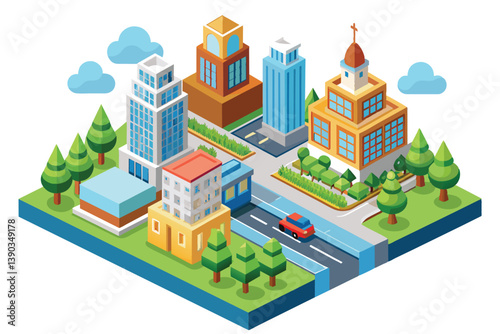 Obraz na płótnie A colorful isometric illustration of a modern cityscape featuring several buildings, trees, and a red car driving on a road. w salonie