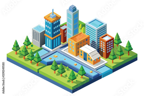 A colorful isometric illustration depicting a cityscape with various buildings, parks, and a river flowing through the center.