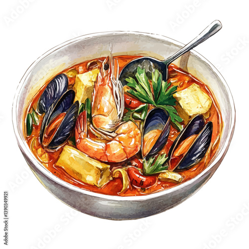 A watercolor painting of Bouillabaisse, isolated on a white background. Bouillabaisse vector

