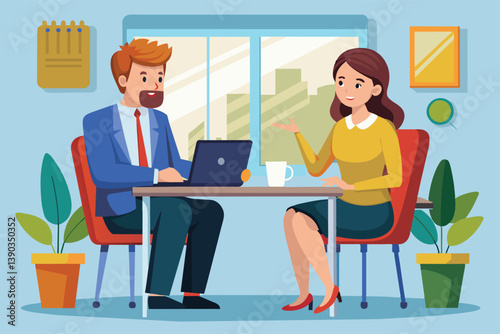 A man and a woman are having a meeting in an office. The man is sitting on the left, looking at a laptop, while the woman is on the right, gesturing with her hand.