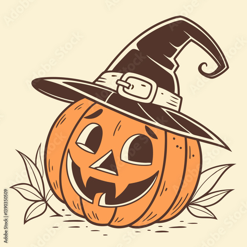 Halloween Pumpkin Head Vintage Vector Jack-o'-Lantern with Witch Hat and Glowing Face – Classic Halloween Design