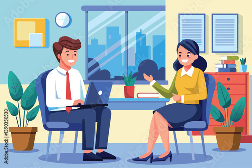 A man and a woman in a modern office discuss business. The man uses a laptop while the woman gestures, looking out at a city view.