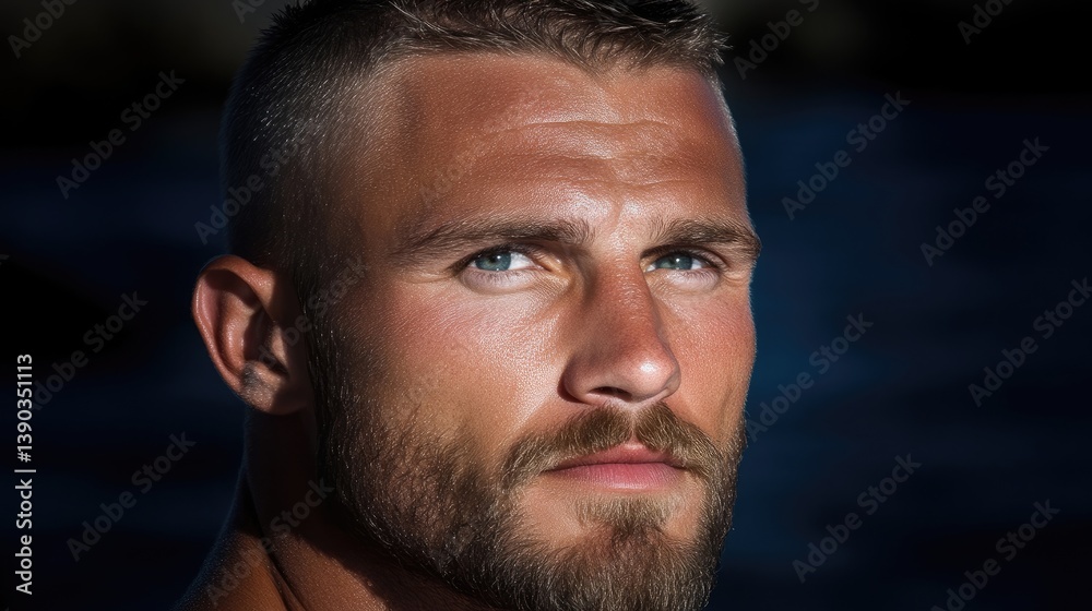 Fototapeta premium Close-up portrait of a man with a serious expression. Well-groomed short hair, light skin, intense blue eyes, and a full beard. Natural light highlights facial features