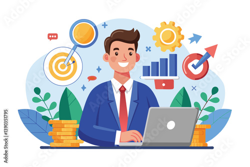 A cartoon illustration of a happy businessman working on a laptop with a variety of financial icons surrounding him, including a target, a graph, and coins.