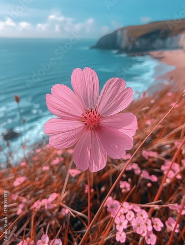 Wallpaper Mural On a sunny day a striking pink flower stands out against the backdrop of the ocean and sandy shores in Cornwall. Surrounding grass and sea clover frame this beautiful scene Torontodigital.ca