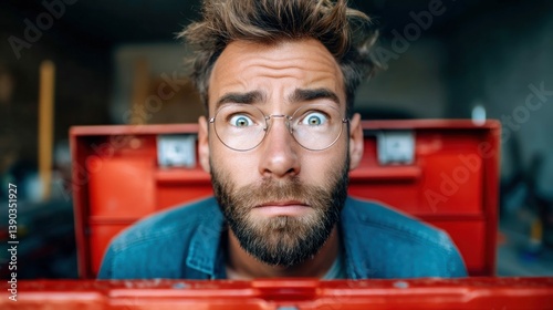 A surprised man in glasses peers out from behind a red toolbox in a workshop setting.