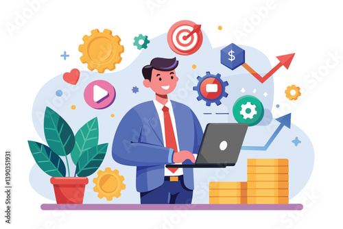 An illustration of a businessman using his laptop to grow his business and achieve his goals, depicted by upward arrows and stacks of gold coins.